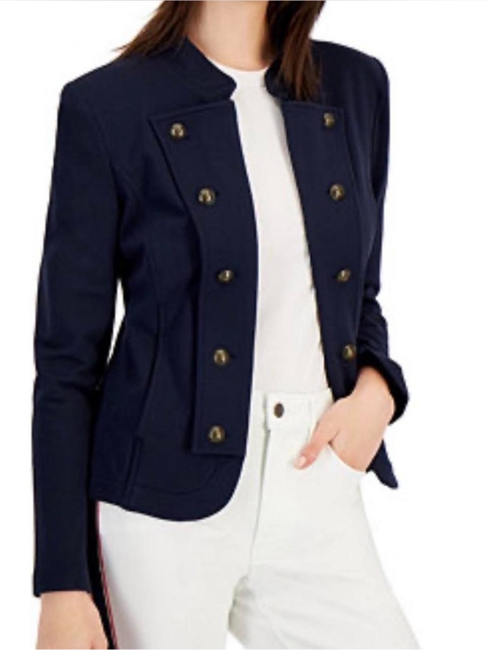 Tommy Hilfiger Military Band Jacket Navy Stand Collar Knit Blazer Gold Buttons M